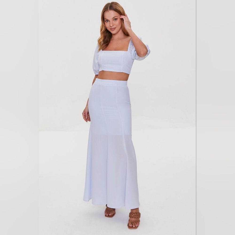 Forever 21 NWT Smocked Crop Top & Maxi Skirt Set Blue Large Indian Saree